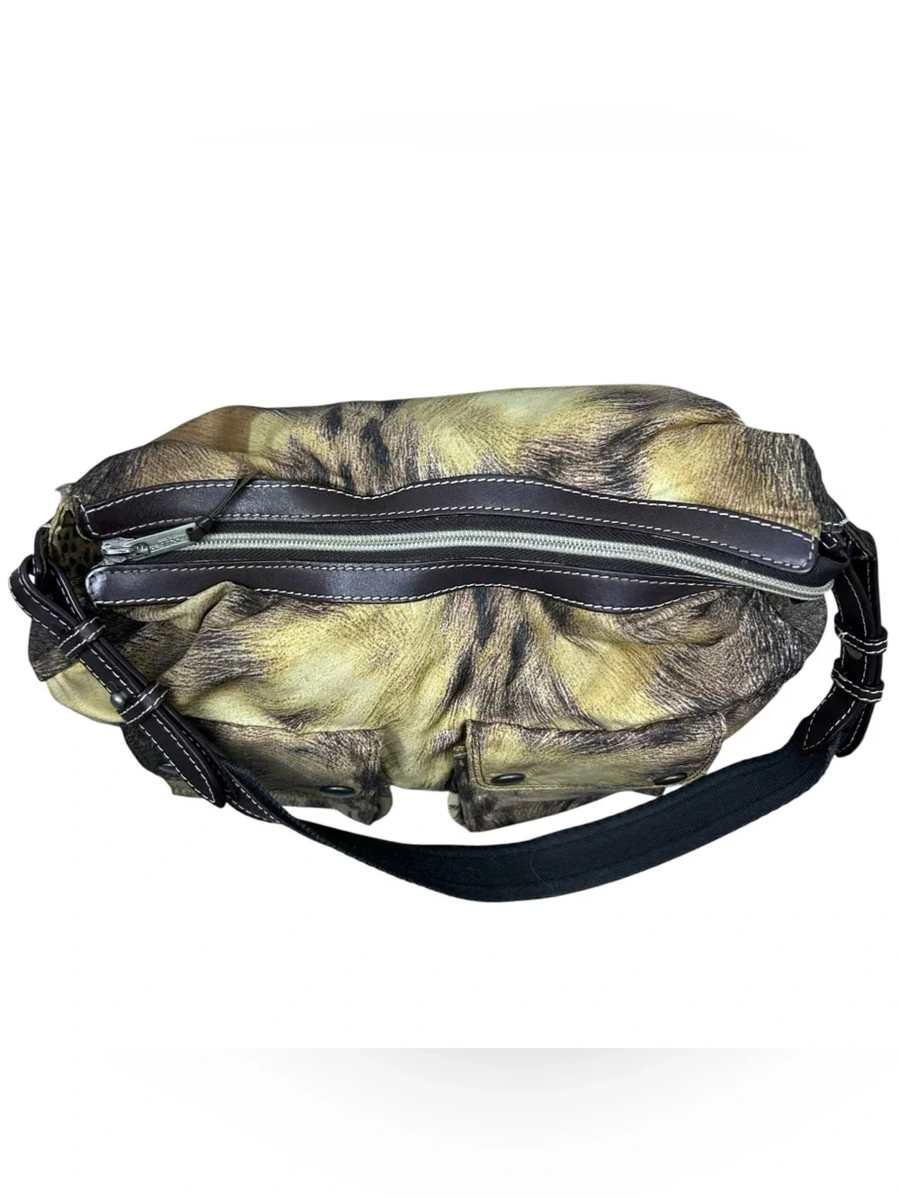 Roberto Cavalli Freedom Vintage Hobo Shoulder Bag Nylon Leather Animal Print Y2K